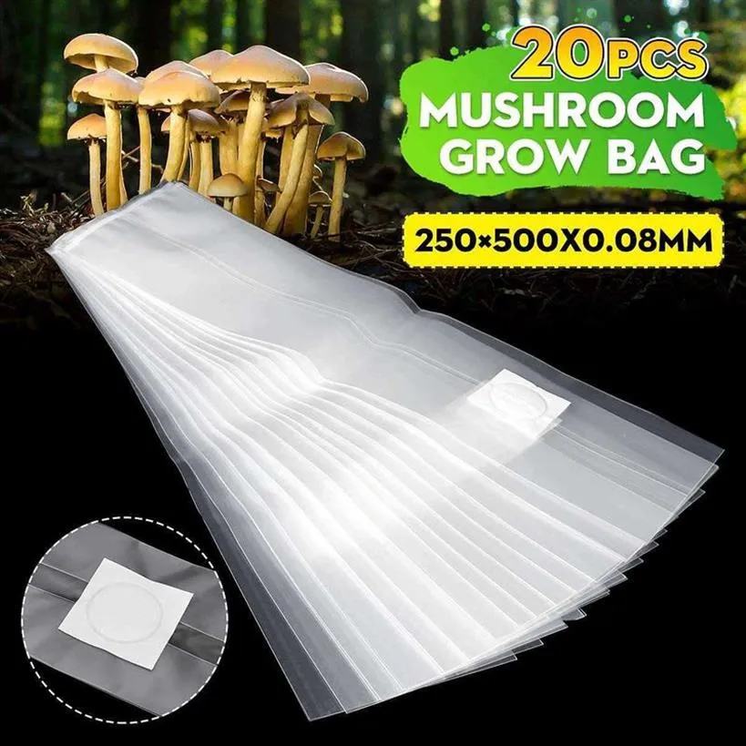 20 pièces 250x500mm PVC sac de culture de champignons sac de frai substrat résistant aux hautes températures pré-scellable fournitures de jardin sacs de plantation 21342G