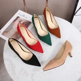 Dress Shoes Low Heel Pumps Lady Pointed Heels Female Green Flock Plus Size 46 Red 2023 Women 5cm High Sexy Tacones Para Mujer