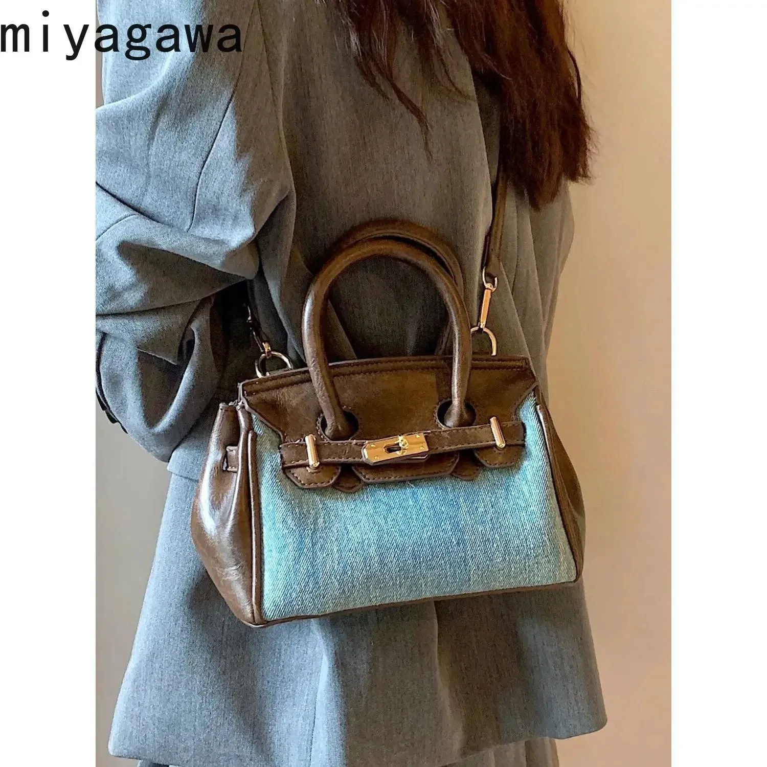 Kvällspåsar Miyagawa Vintage Denim Bag Handbag Women S 2023 Niche Color Contrast Versatile Pendling Single Shoulder Crossbody 231121