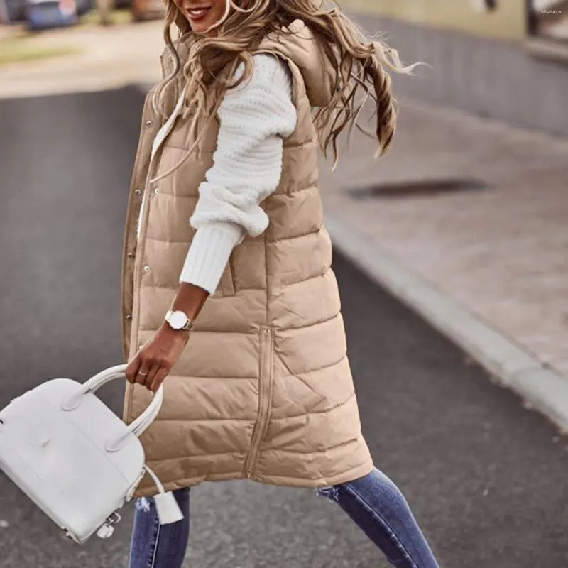 女性のベスト長い冬のベストノースリーブウォームコート女性の膝の長さのチョッキとポケットファッションブランドストリートウェア