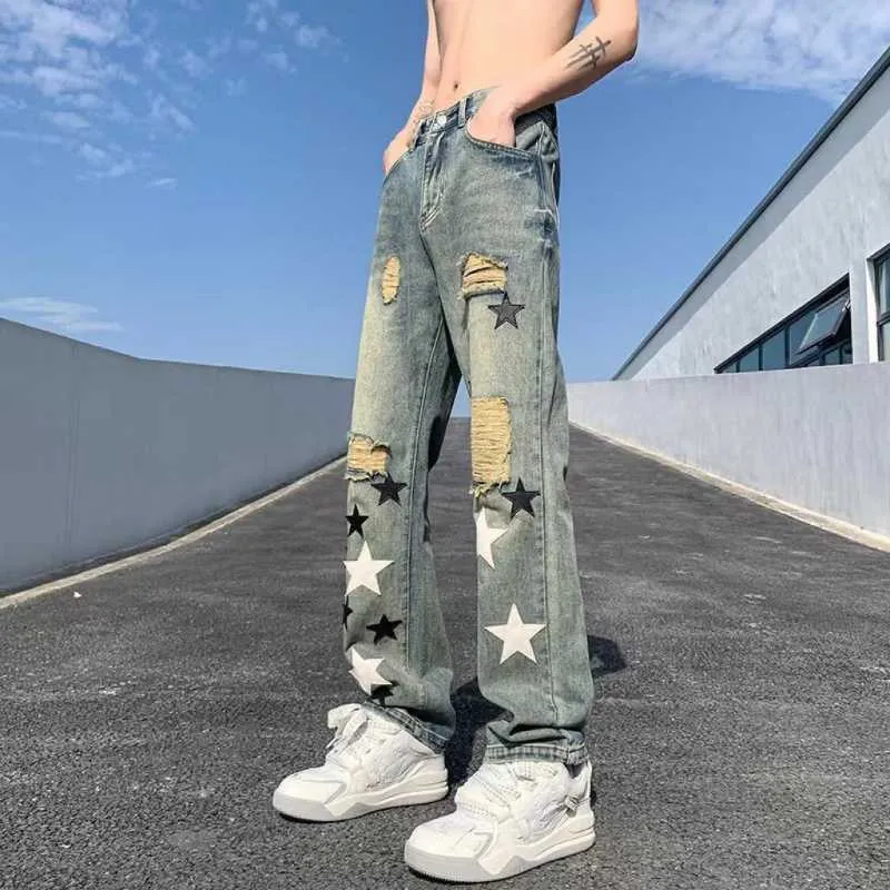 Herrbyxor amerikansk vintage stjärna tryck rippade jeans män harajuku stil hip hop hög midja breda ben byxor high street raka benbyxor g230422