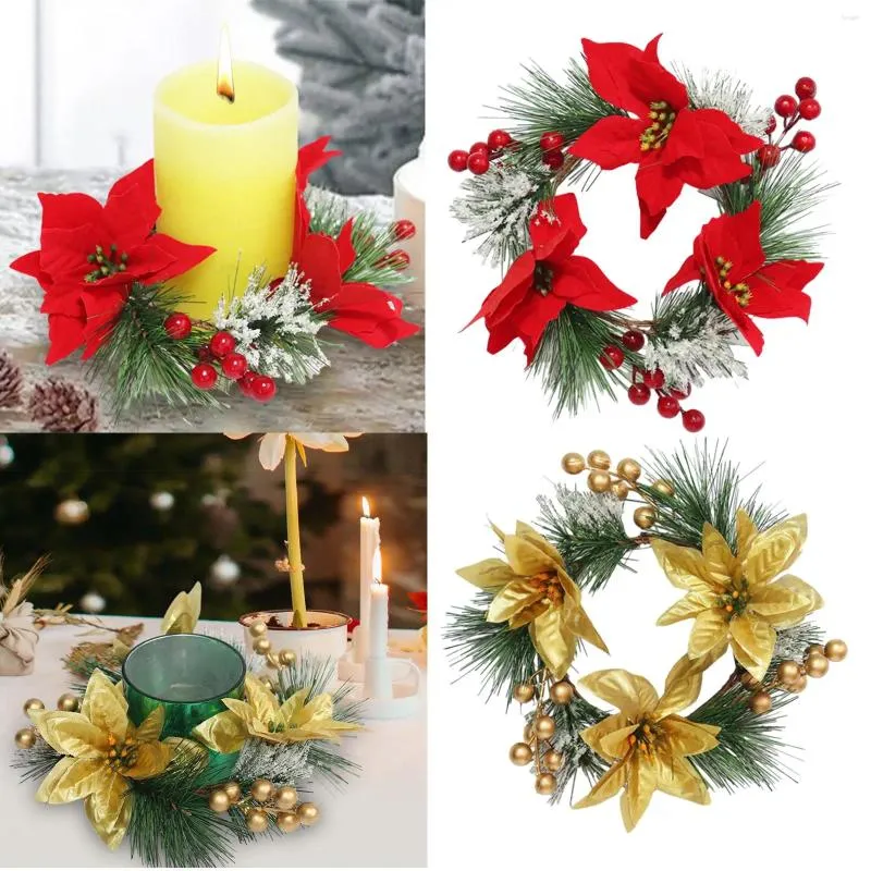 Anneaux de bougies de Noël à fleurs décoratives, petite couronne d'ornement de table de 8 pouces