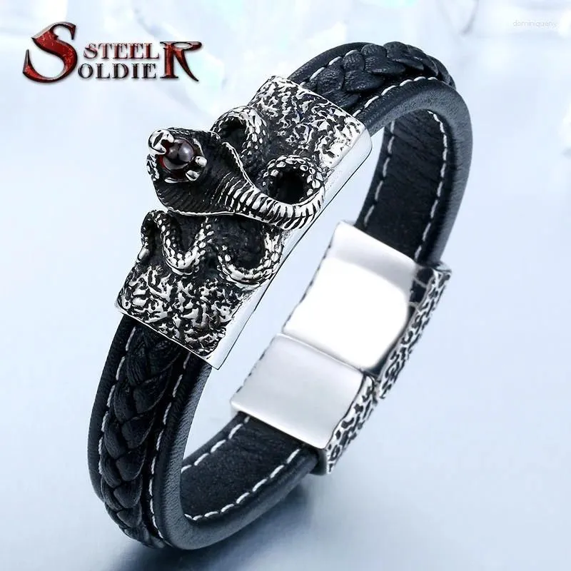 Charme pulseiras soldado de aço inoxidável punk moda animal motocicleta acessórios pulseira macio dominador jóias de couro para homens