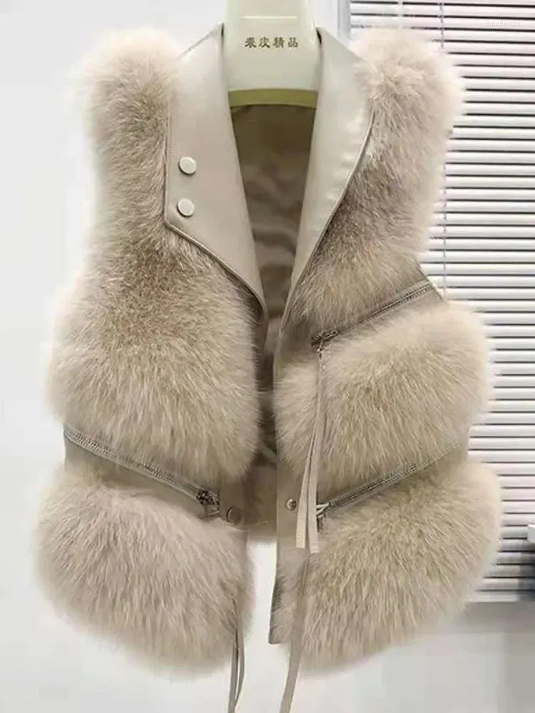 Pele feminina fofo coletes casaco 2023 outono inverno splice zíper sem mangas jaqueta curto outerwear artificial