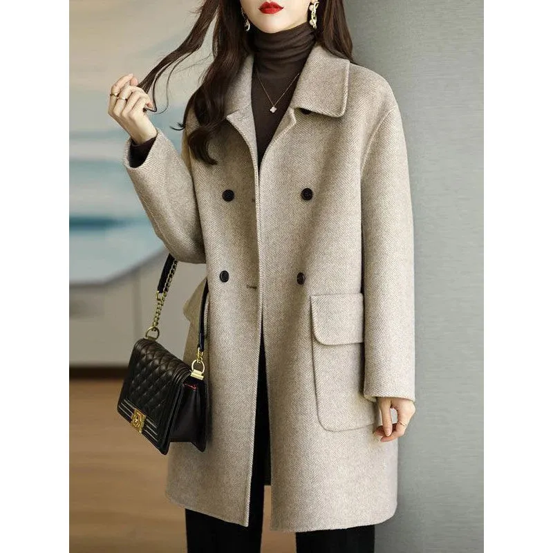 Jaqueta feminina en casaco outono e inverno 2023 comprimento médio joelho sobre aveia cor coreano sólido velo para retenção de calor 231120
