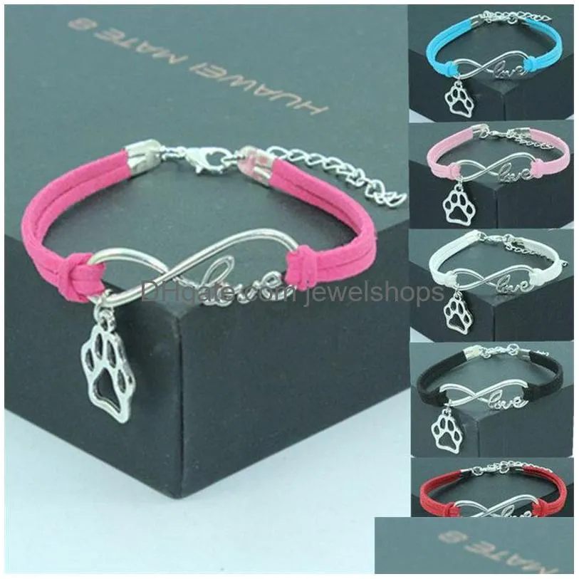 Charme pulseiras camurça couro envoltório pulseiras jóias infinito amor cão pata impressão encantos sier número moda liga de metal oco bangles dhx7x