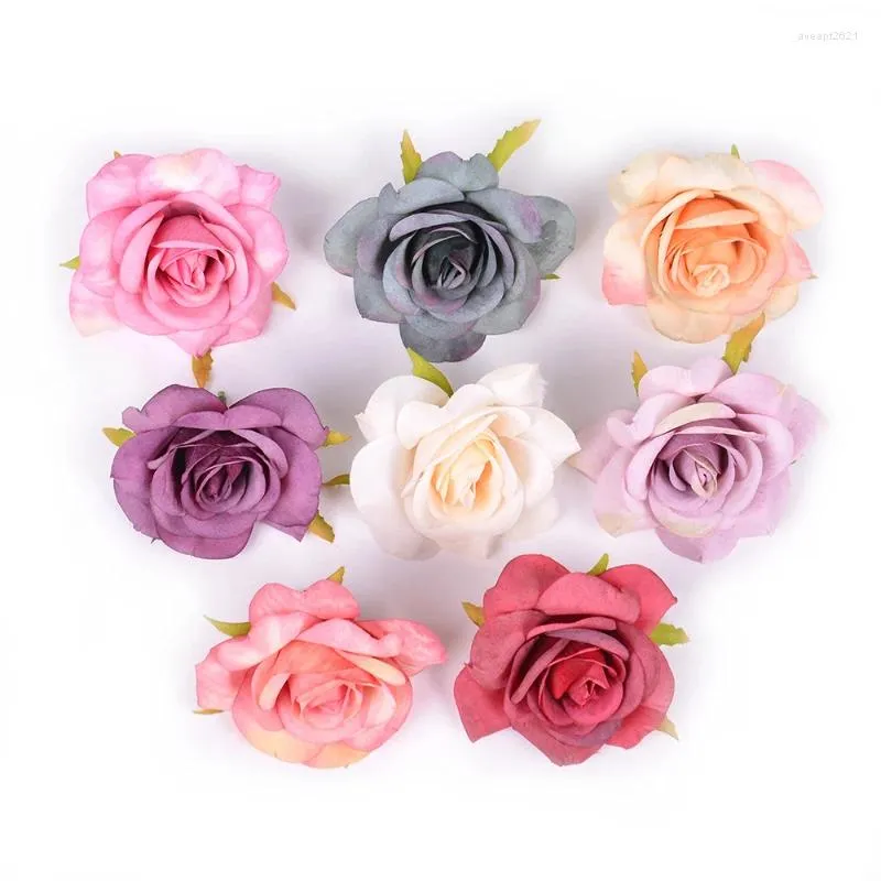 Fleurs décoratives 20 pièces 7CM tête de Rose artificielle corne fleur rendu soie mariage mur fenêtre bricolage Art