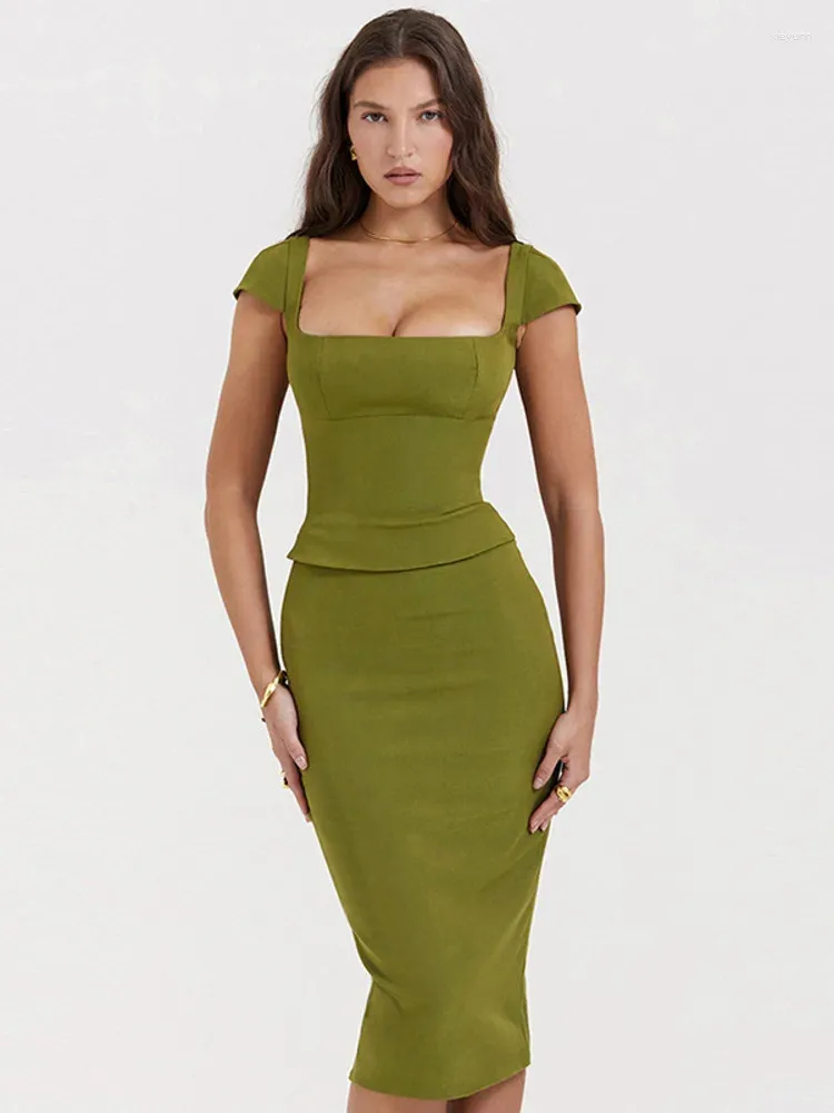 Vestidos de trabalho mozision verde sexy feminino conjunto de duas peças gola quadrada manga curta topos e saia midi conjuntos de correspondência senhoras bodycon festa