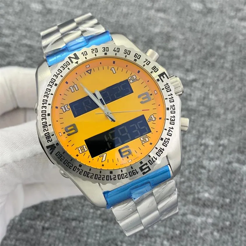 NUOVO Orologio da uomo Doppio fuso orario Display puntatore elettronico Quadrante giallo Orologi sportivi da uomo al quarzo montre de luxe Cronografo da polso C313R