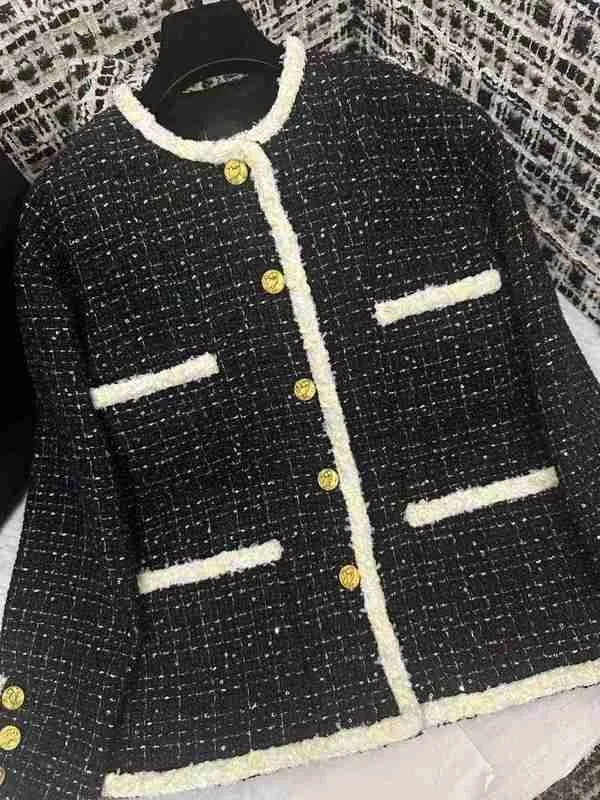 Mélanges de laine pour femmes Designer Automne et hiver Nouveau style français Style de célébrité Simple boutonnage Couleur contrastée Tweed Manteau à col rond 41KF