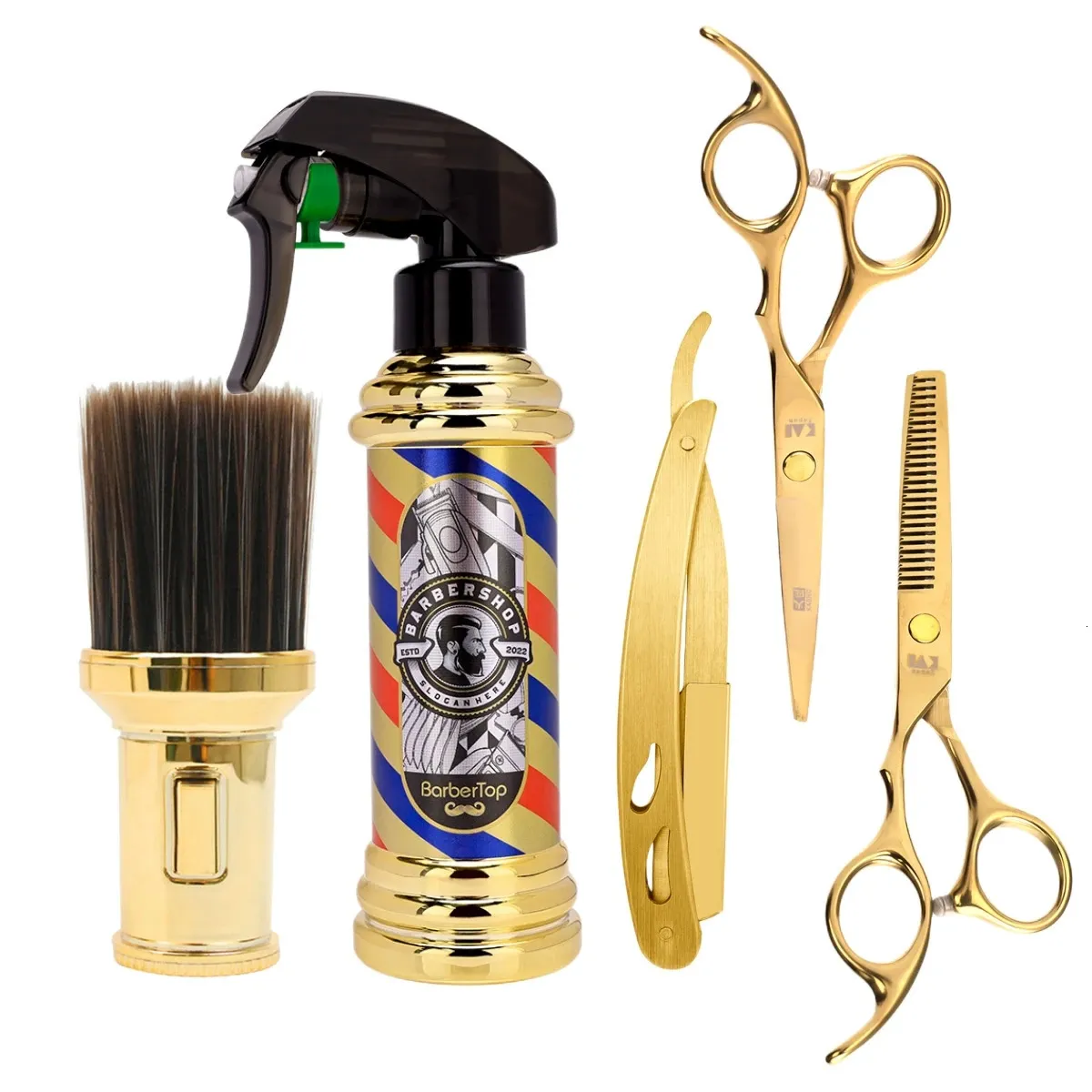 Altre cure per i capelli 5 pezzi Set di strumenti per lo styling per parrucchieri Bottiglia di spary per barbiere in oro Forbici per taglio di capelli da 6 pollici Spazzola per pulizia del salone per rasoio manuale da uomo 231121