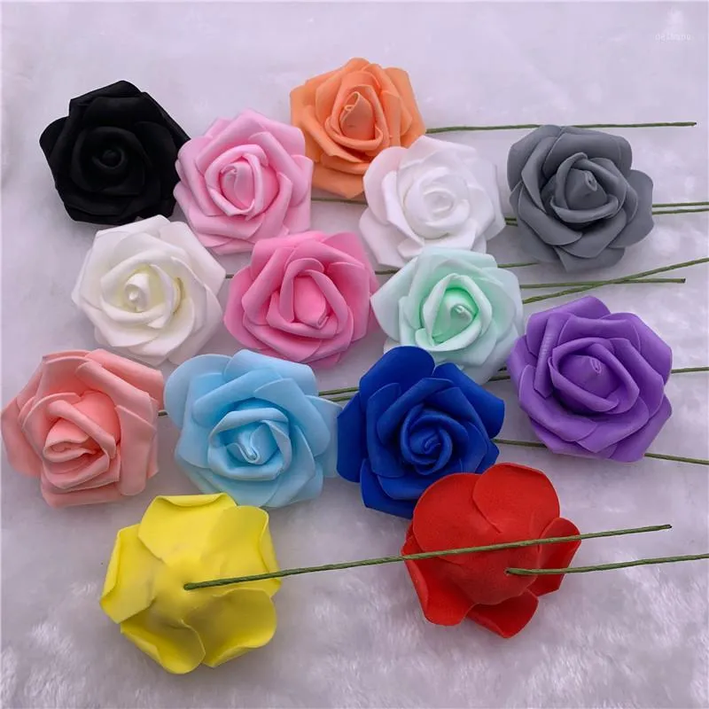 Decorative Flowers 50pcs 7-8cm Large Foam Artificial Roses Heads Realistic Fake With Stem DIY Wedding Bouquet