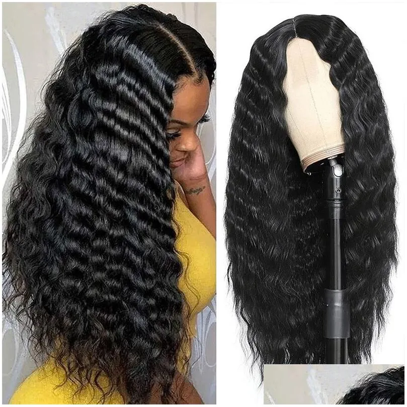 Syntetiska peruker Woodfestival Afro Kinky Curly Wig Black For Afroaman American Long Hair Middle Hairline Women Drop Delivery Products Dhiwb