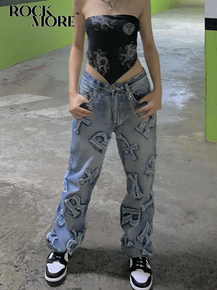 Damesjeans rockmore patchwork y2k streetwear baggy rechte vrachtbroek punk hoge taille wijd been denim broek 90s vintage 230422