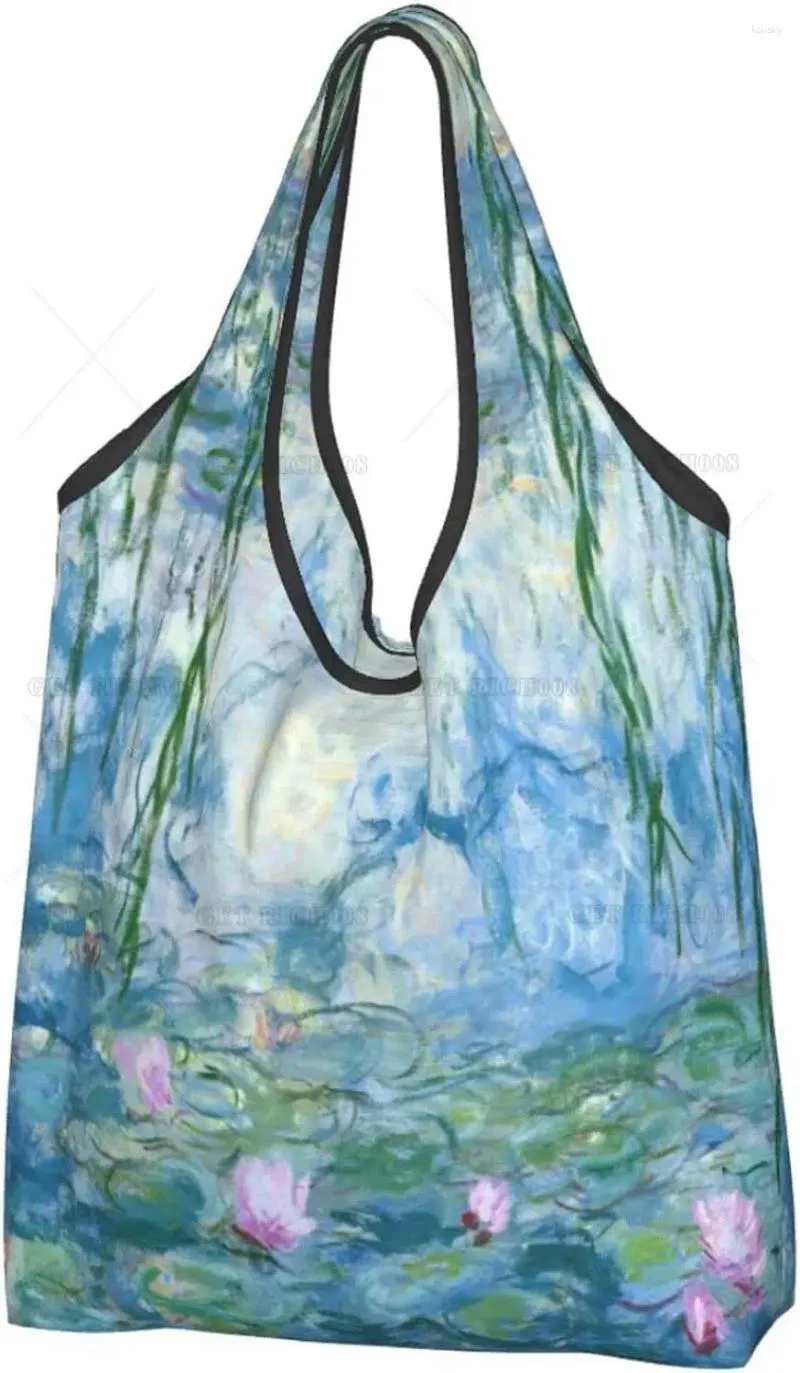 Bolsas de compras Monet Lotus Pintura al óleo Grande Reutilizable Bolsa de asas de comestibles Bolso portátil Sin cremallera Moda Shopper