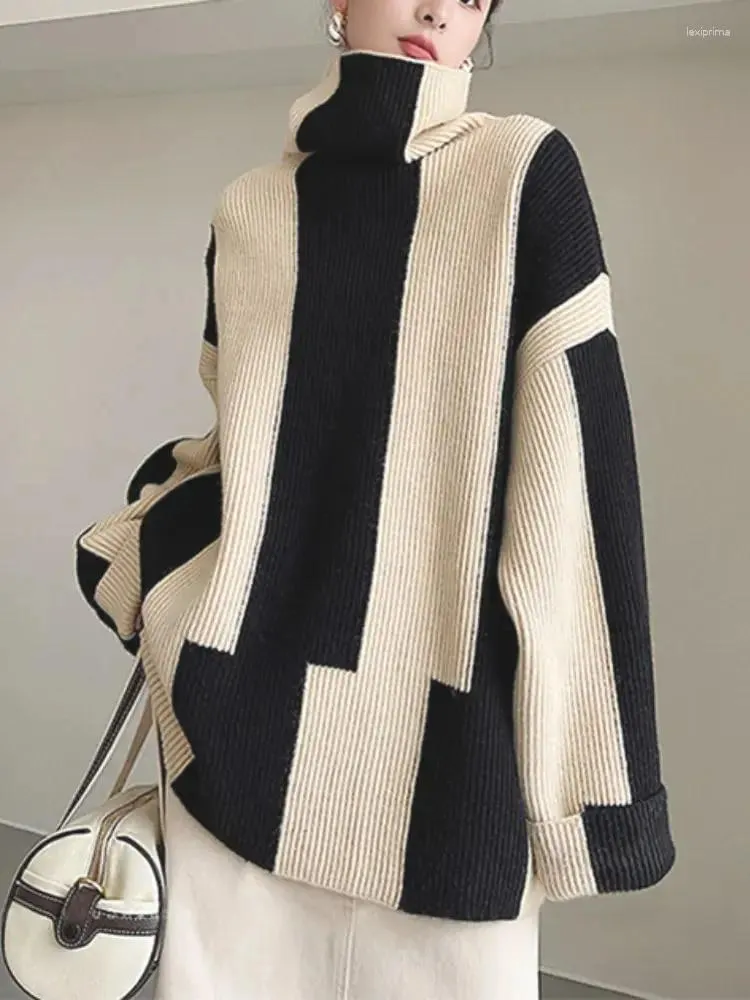 Robe de deux pièces femmes pull lâche rayure tricoté col roulé femme surdimensionné mode coréenne épaississement chaud automne hiver dames