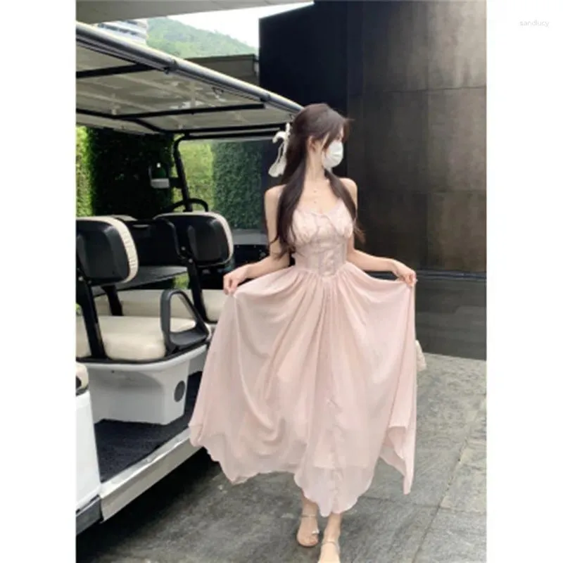 Casual Dresses High Quality Fashion Runway Summer Dress Women Sleeveless V-Neck Elegant Temperament Holiday Sexy Halter Female Clothing