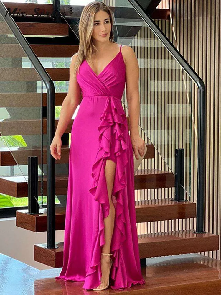 Vestido Maxi con volantes irregulares y abertura para mujer, vestidos sexis a la moda con escote en V profundo sin mangas, Vestido de verano para fiesta en la playa para mujer