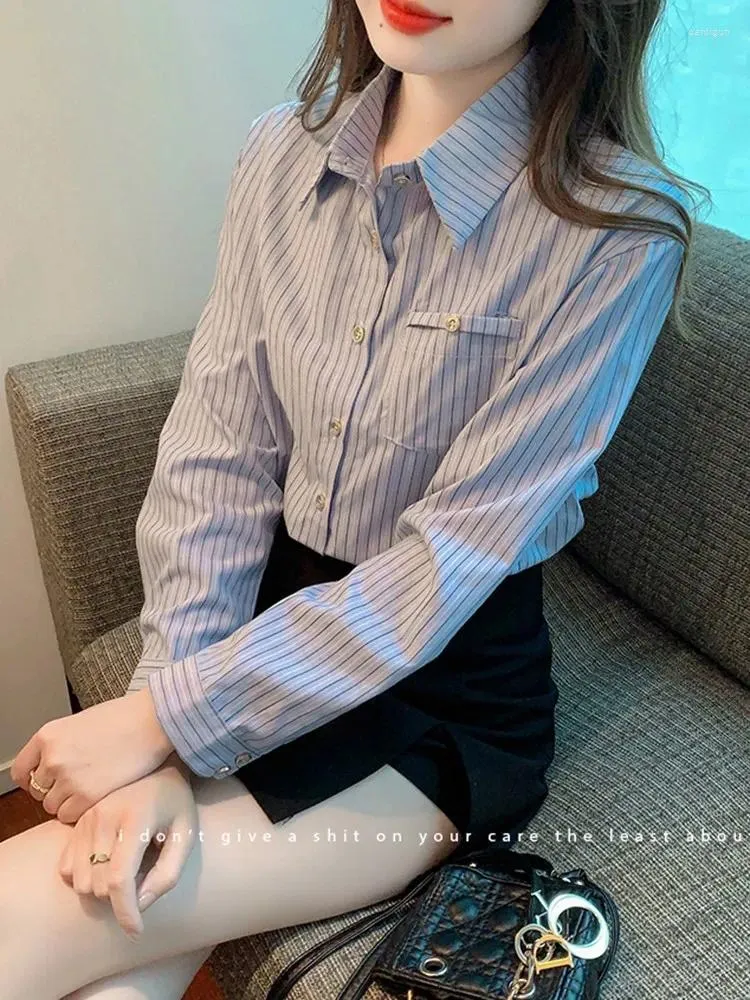 Kadınlar bluzları ofis bayan uzun kollu çizgili gömlek 2023 Sonbahar Kore tarzı dönüş yakalı zarif kadınlar rahat üstler gömlekleri w1357