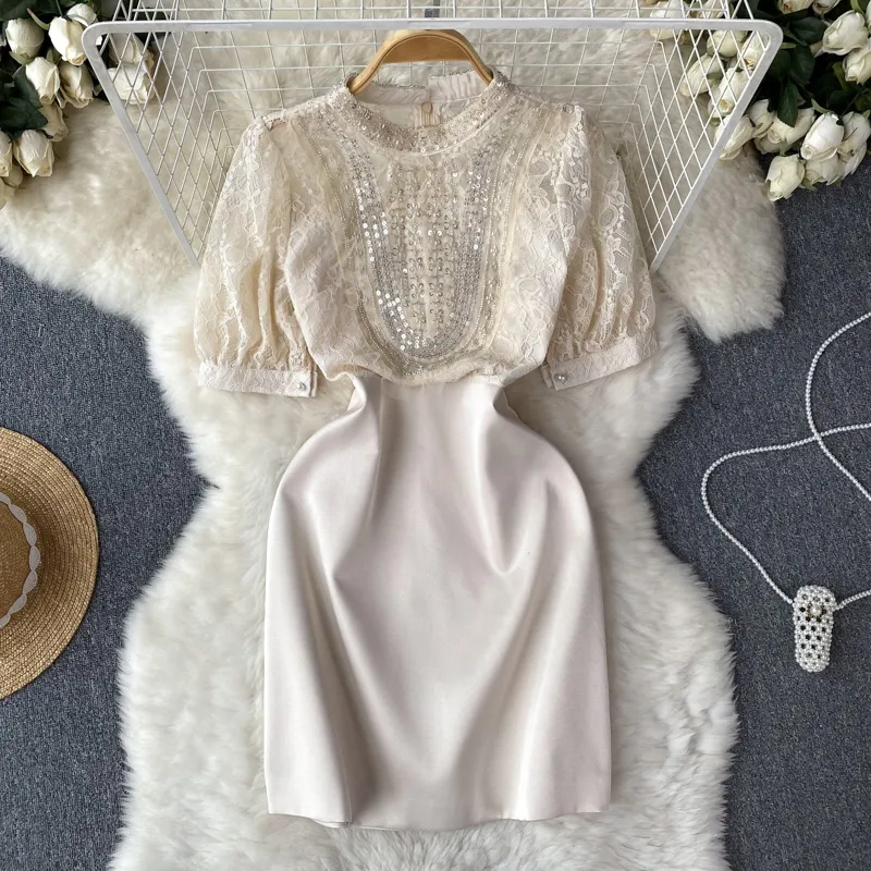 French lace patchwork beaded dress with empire waist and puff sleeves,  knee-length A-line silhouette with sequins decoration from Dhgate Basic &  Casual Dresses - price 40.87