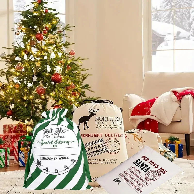 Décorations de Noël 39 style personnalisé Santa Sack grand sac cadeau en toile avec cordon enfants présente des fournitures de fête décor 231121