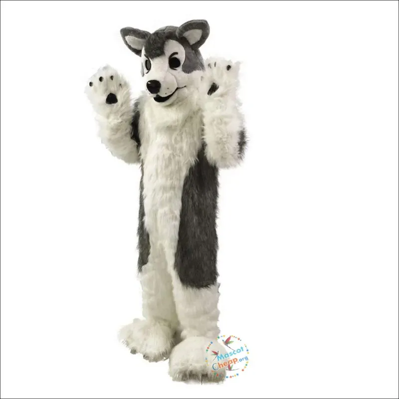 2024 Hoge kwaliteit grijze wolf husky hond mascotte kostuum halloween kerst fancy feestjurk stripfiguur pak carnaval unisex volwassenen outfit