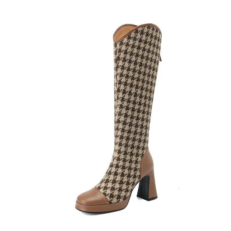 Laarzen YYDD Herfst Winter Merk Echt Leer Houndstooth Elegante Vierkante Neus Super Hoge Hakken Dameslaarzen Feestjurk Maat 34-39 231122