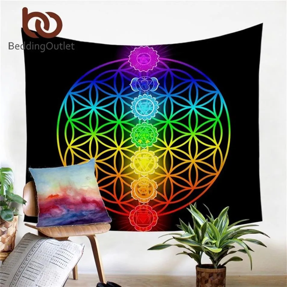 BeddingOutlet Hippie-Chakra-Wandbehang, Zen-Thema, Strandmatte, bunter Wandteppich, Blume des Lebens, Tapisserie, Regenbogen-Blätter, T20062974