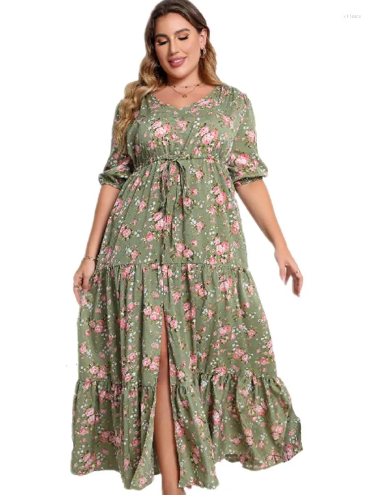 Plus Size Kleider 5XL Kleid Frauen halbe Ärmel hohe Taille Rüschen Patchwork Roben Sommer Blumendruck Streetwear Oversize lang