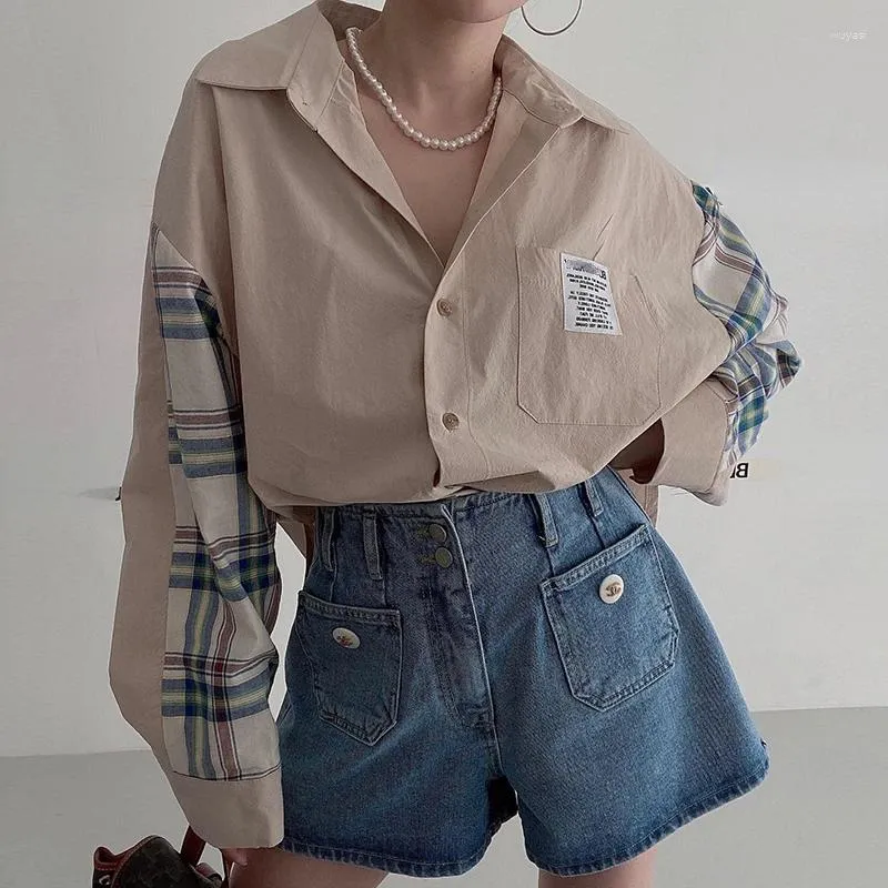 Women's Blouses Korean Vintage Long Sleeve Plaid Patchwork Pockets Design Shirts Spring Casual Loose All Match Clothing 2023