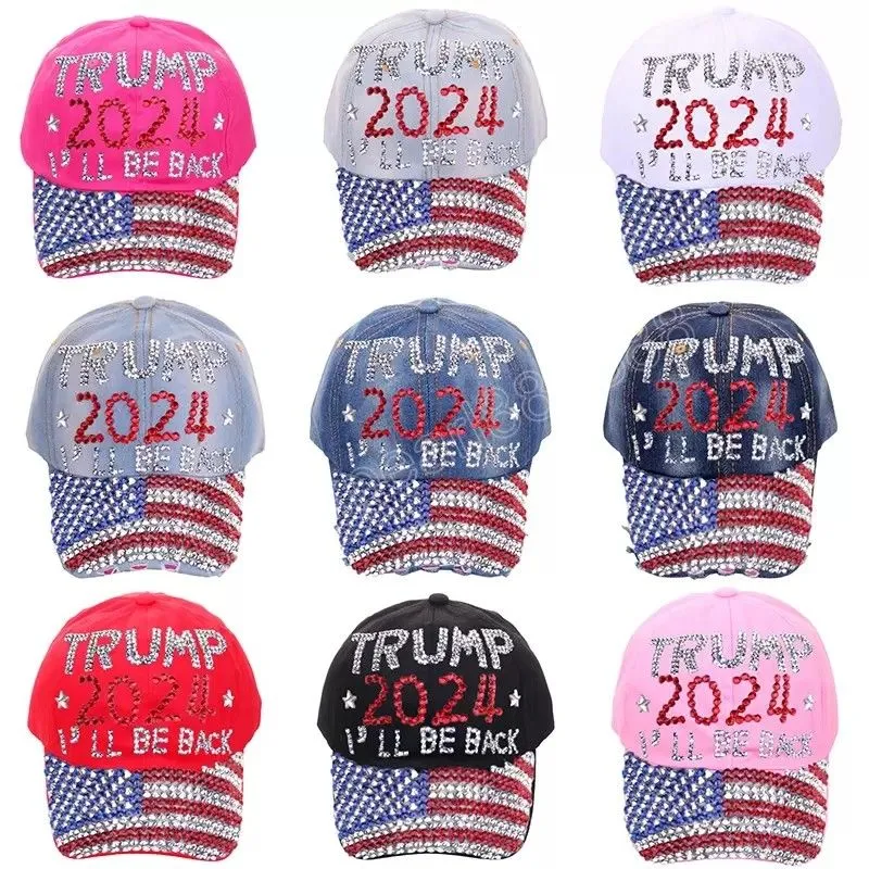 Diamante listrado American Flag Baseball Cap 2024 Trump jeans Sun Hat Letter Caps atingidos