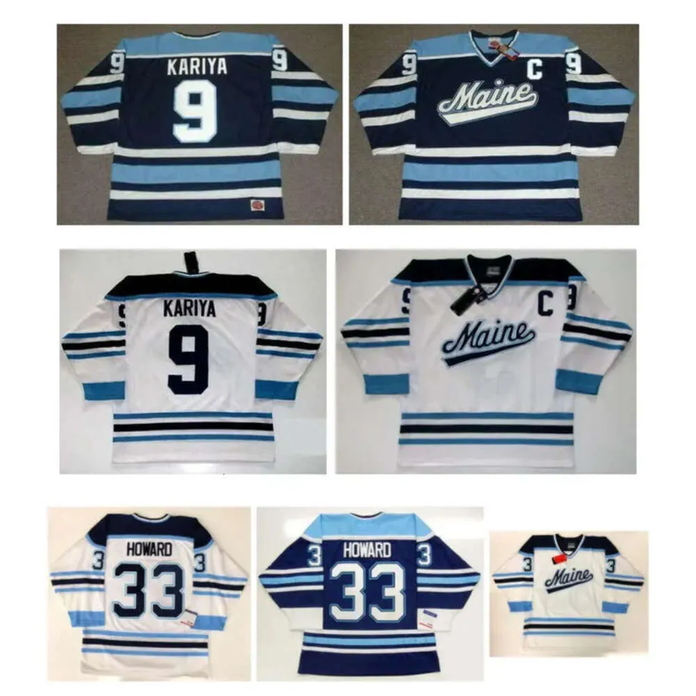 Vintage Maine Black Bears Jersey 9 PAUL KARIYA 33 Jimmy Howard Branco Azul 100% Ing Hockey Jerseys raro