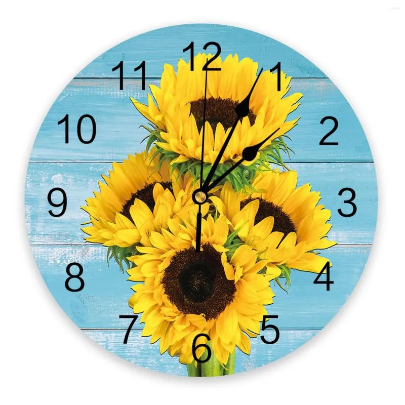 Orologi da parete Fiore Girasole Orologio con venature del legno blu Camera da letto Silenzioso Digitale Soggiorno Arredamento Design moderno