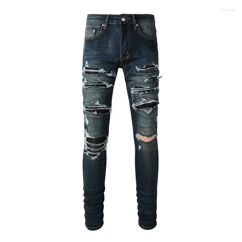 Jeans voor heren Diepblauw Hoge kwaliteit Street Fashion Verontruste stretch Slim fit Beschadigde gaten Leer Ribbenpatches Mager gescheurd