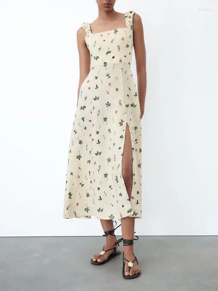 Freizeitkleider Sommer Damenbekleidung Sexy rückenfreies Riemchen-Pastoral-Stil offener Rücken Leinenstickerei Midi-Trägerkleid