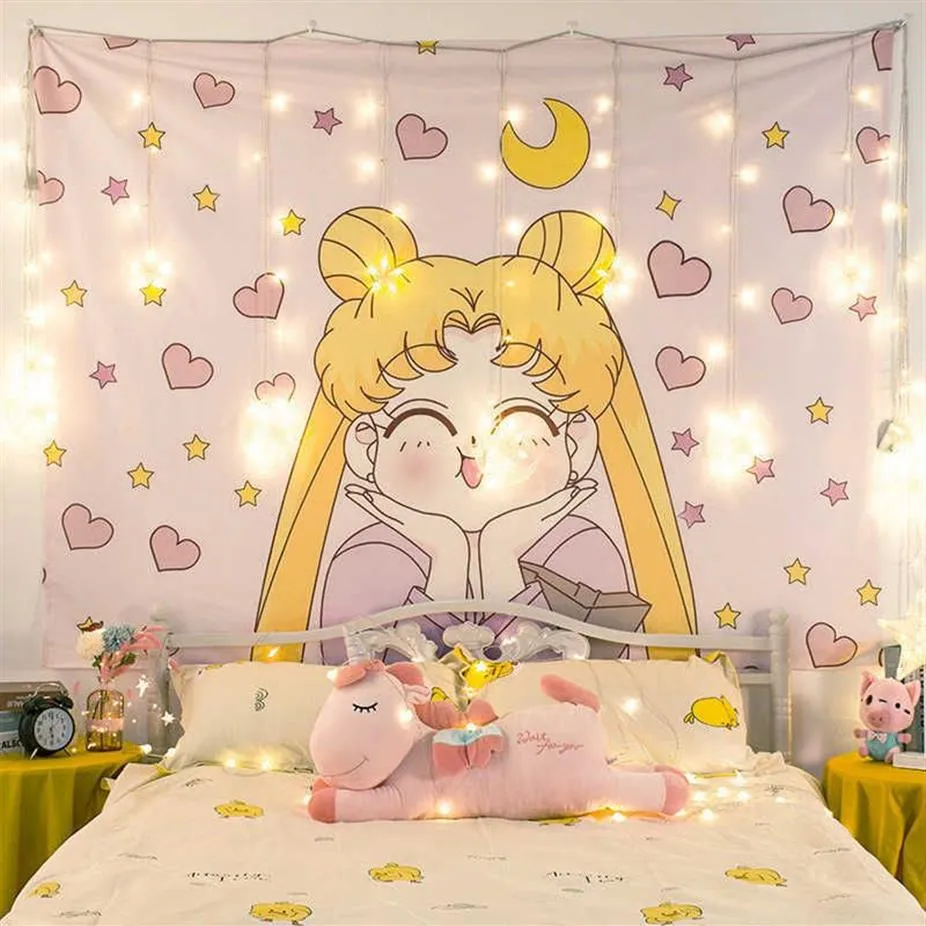 Cartoon Sailor Moon Stampato Anime Arazzo Ragazza Dormitorio Room Decor Appeso a parete Tapiz Rosa Arazzi 210608284E