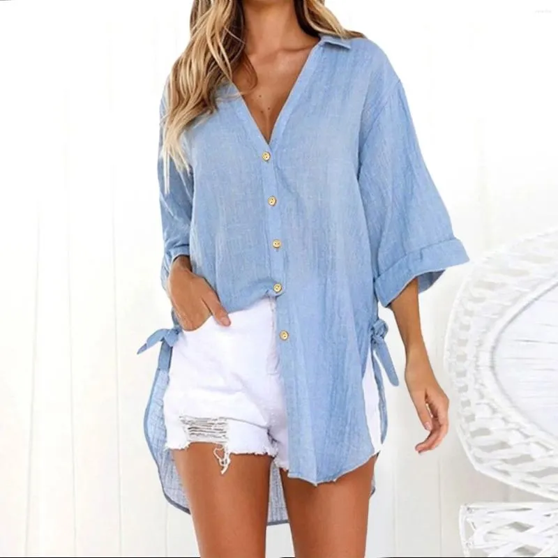 Blusas femininas verão senhoras casual manga longa camisas soltas moda feminina algodão linho topos vintage streetwear botão topo t