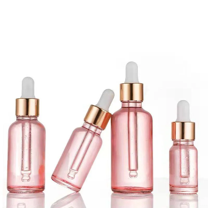 Pink Glass Essential Oil Parfume Bottles Pipette Eye Droper Bottle With Gold Cap och White Rubber Top Junjj