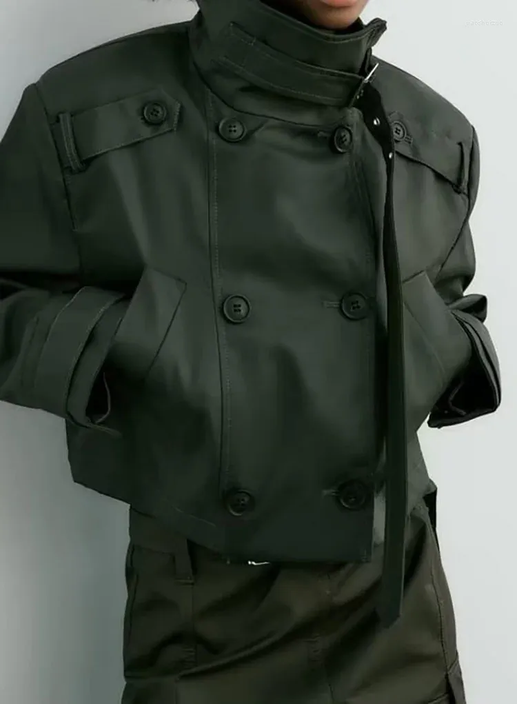 여자 재킷 왁스 가죽 짧은 코트 벨트 장식 최고 단색 작업 스타일 2023 가을과 겨울