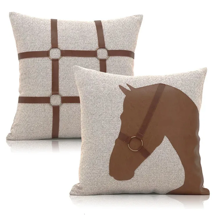 Oreiller 45x45 cm simple cheval marron housse de coussin coton lin pu cuir boucle taille taie d'oreiller housse de coussin pour dossier 50 cm 231122