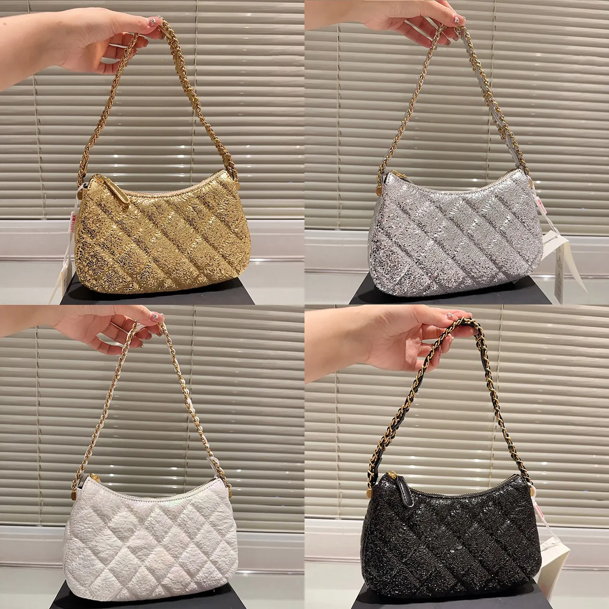 Designer Women 23K Vintage Hobo Chain Shoulder Bag France Luxury Brand Quilted Glitter Leather Mini Half Moon Underarm Bags Lady Weave Chains rand Handväskor 23 cm