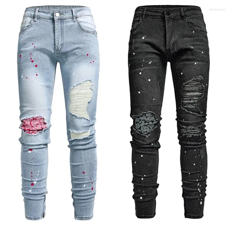 Herren Jeans 2023 Herbst Skinny Stretch Streetwear Patchwork Ripped Slim Biker Style Mid-Rise Bleistiftbeine Reißverschluss Trendhose