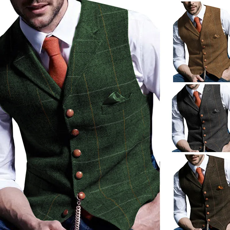 Mäns kostym Vest Plaid V-Neck fashionabla formella Slim Montering Single Breasted HerringBone Vest Men's Groom Best Man Gratis leverans