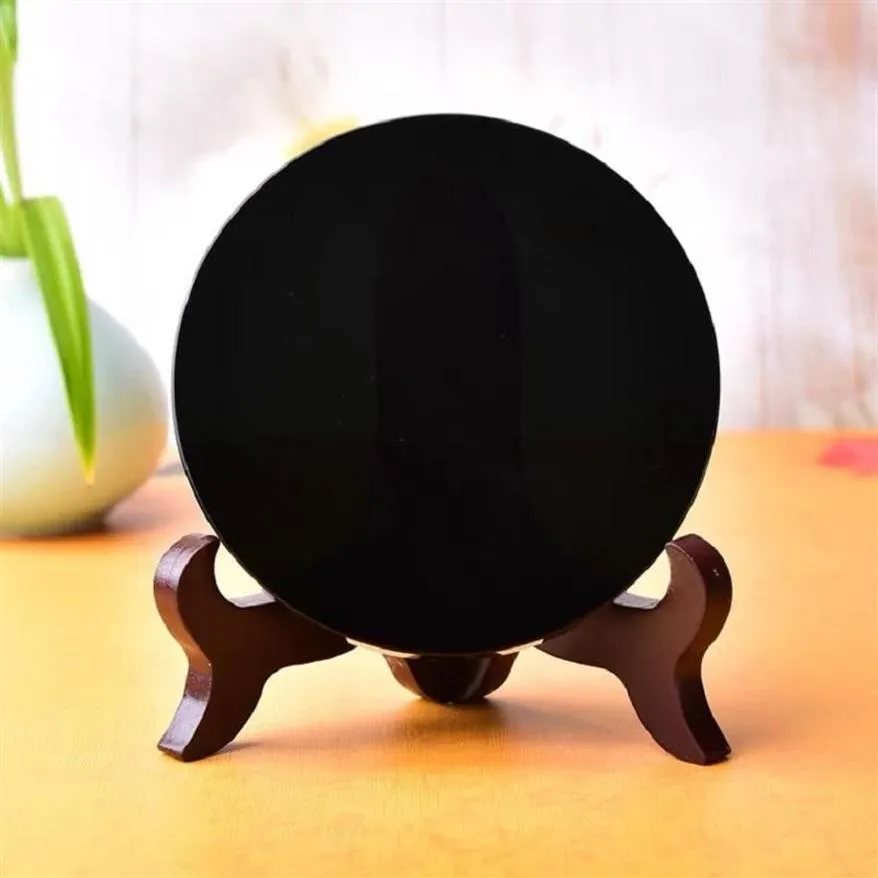 Objets décoratifs Figurines pierre d'obsidienne noire naturelle disque circulaire plaque ronde miroir FengShui pour décoration de bureau à domicile 279T