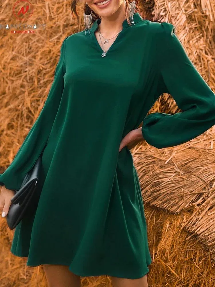Casual Fashion Women's Solid Color A-Line dress with Patchwork Design, V-Neck, Loose Waist, and Long Sleeves for Spring and Autumn Casual Fashion Women's Solid Color A-Line dress with Patchwork Design, V-Neck, Loose Waist, and Long Sleeves for Spring and Autumn