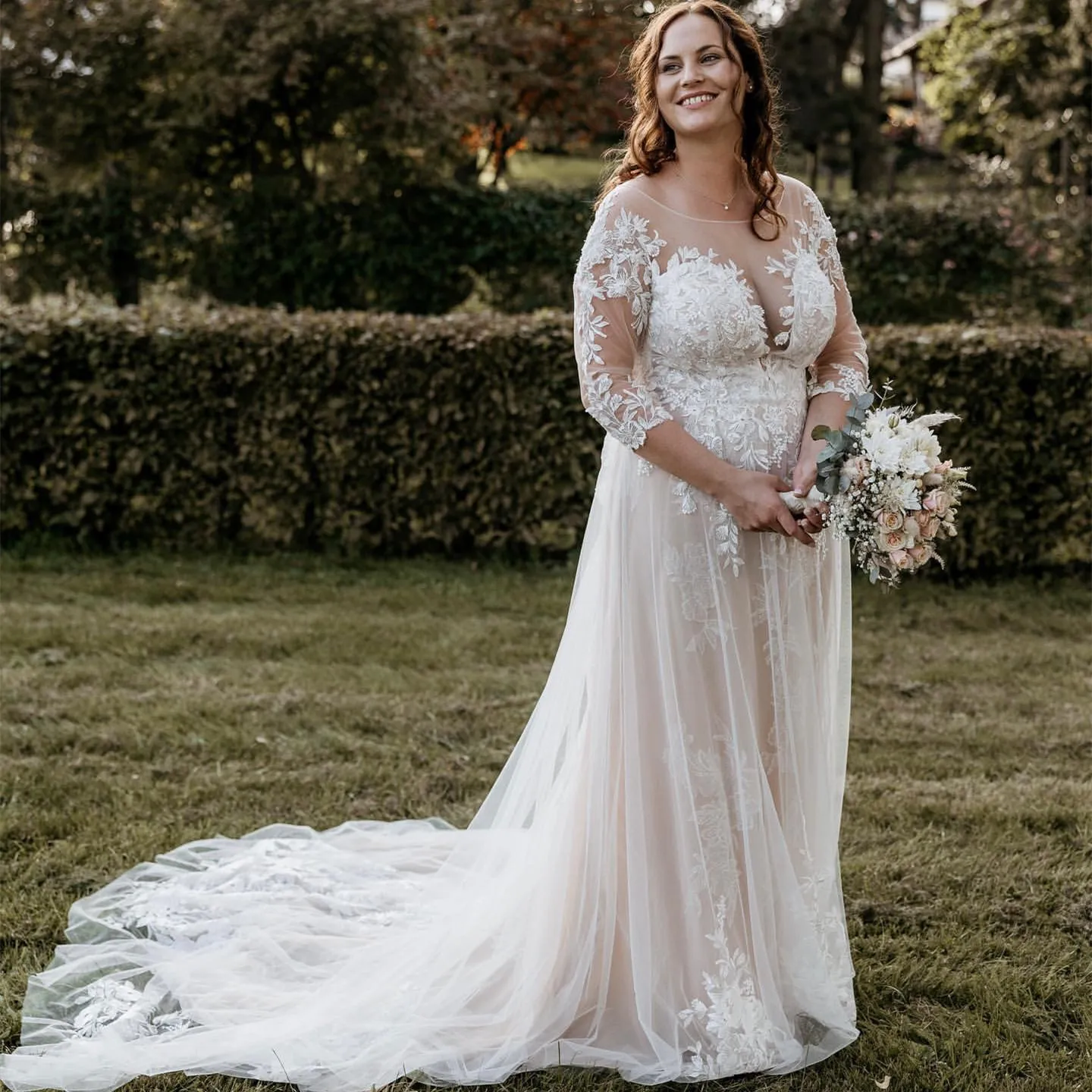 Arabic Lace Bohemian boho Lace wedding dress - Plus Size, Sheer Neck, Ivory A-line, Vintage Summer Bridal Gown (ZJ205) - 2023 Nov Collection