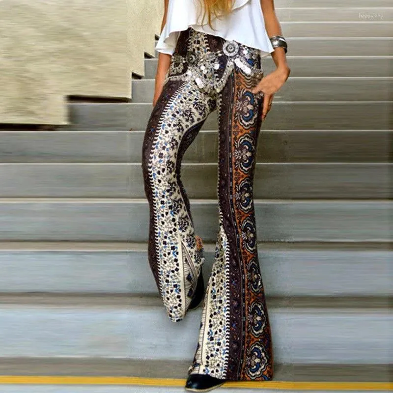 Women's Pants Trousers 2023 Women Floral Printed Boho Flare High Elastic Waist Retro Soft Stretch Ethnic Style Bell Bottom Hippie