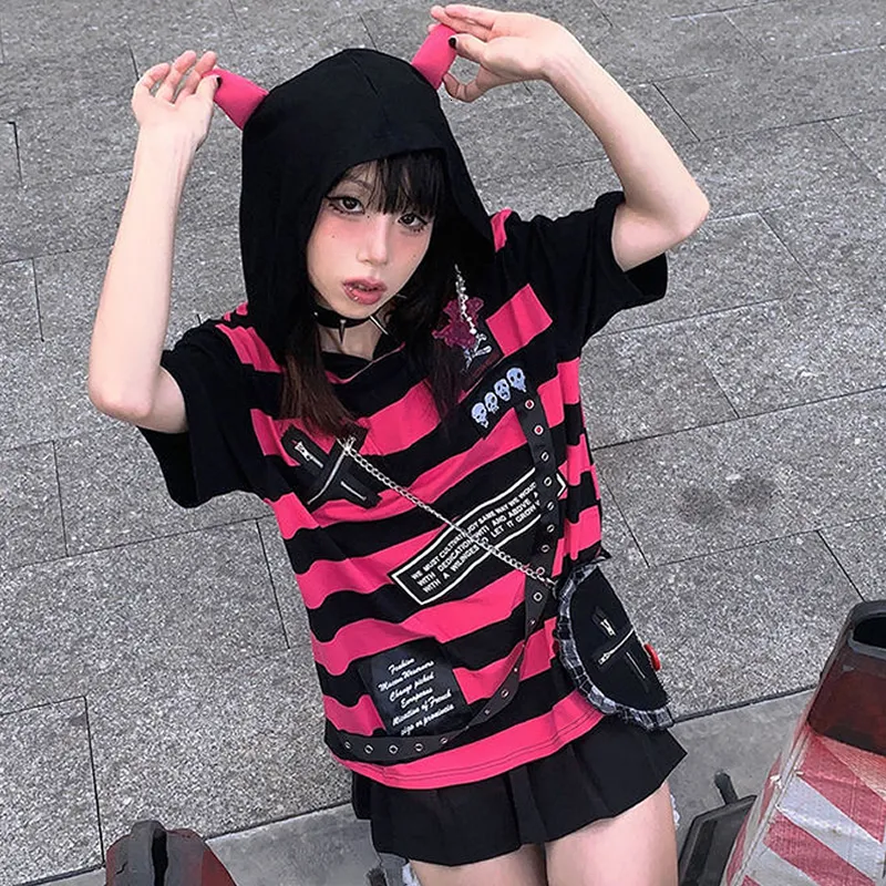 Women s T-Shirt Emo Acubi Striped Graphic Tee Black Devil Ears 