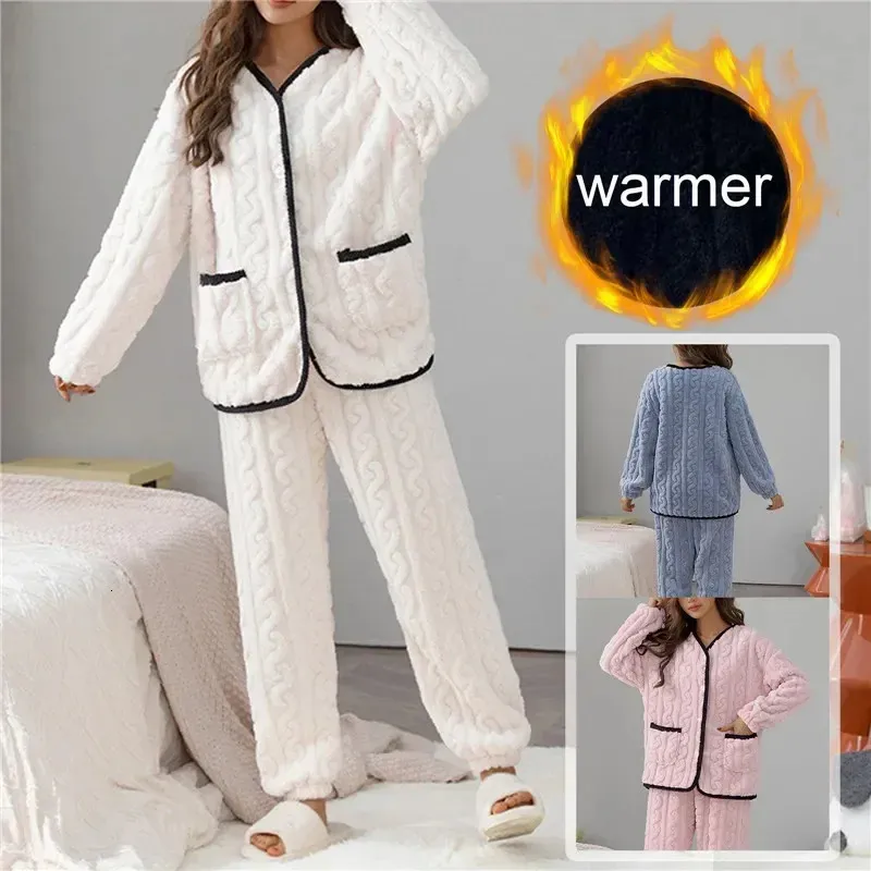 Winter Warm Flannel Women Pyjamas Sets Thick Coral Pijamas Women Fleece  Pajama Thick Flannel Long Pajamas Set For Girl