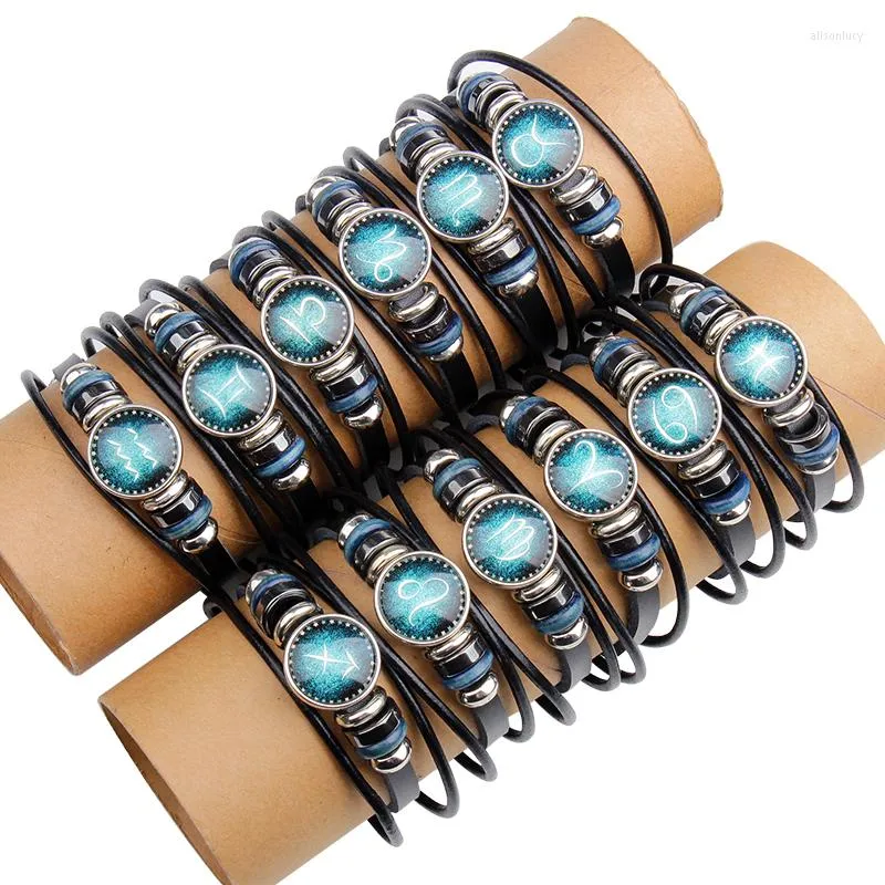 Bracelets de charme 12 Constellations Bracelet 2023 Handmade Leather Men Womens Casual Personomalie Zodiac Signes Punk Bijoux